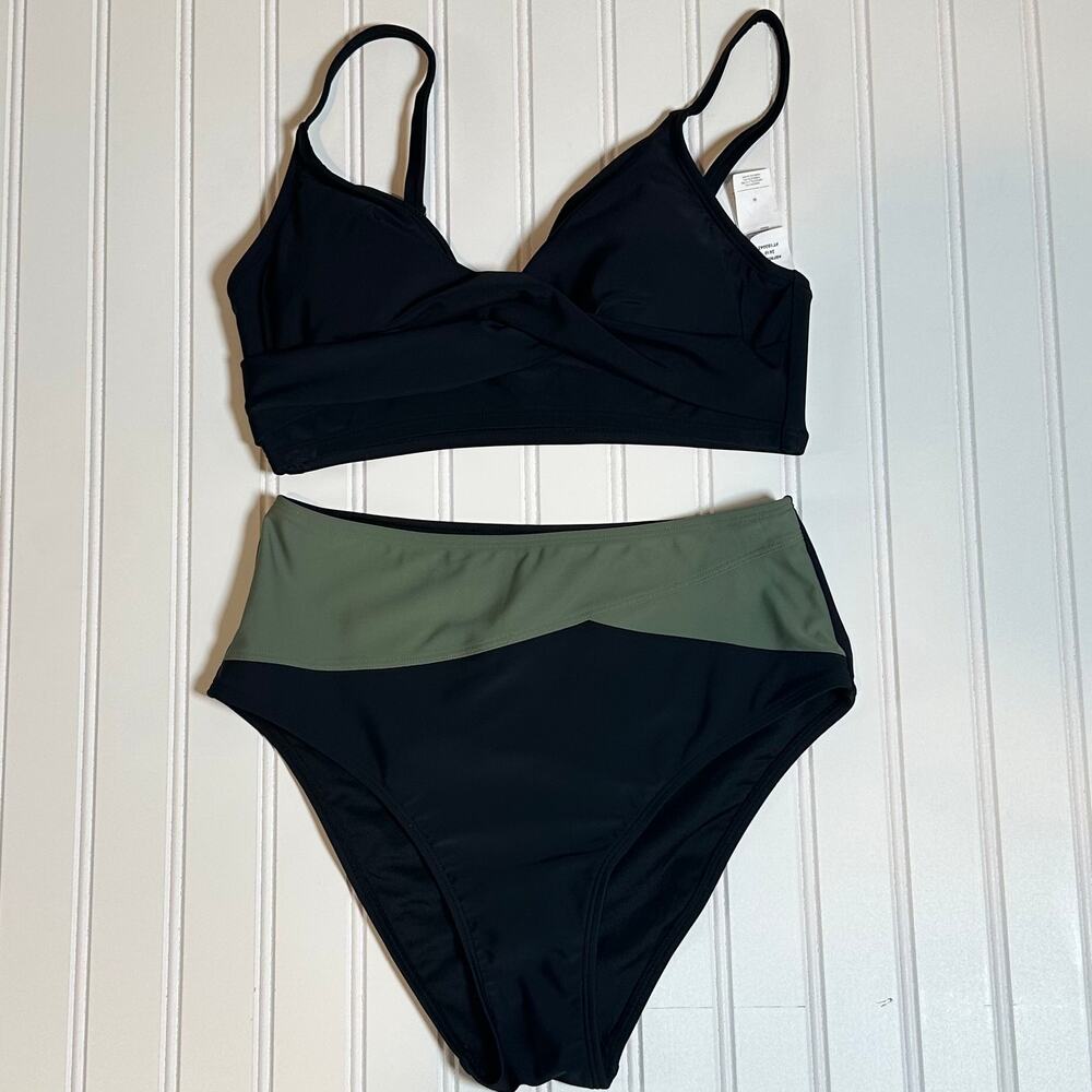 Cupshe Women Black Green Bikini Set Twist Front High Waist 2 Piece S NWT